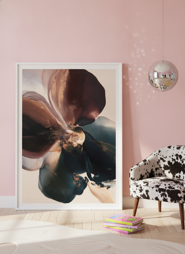 Modern wall art print leaning against the wall in a colourful eclectic bedroom