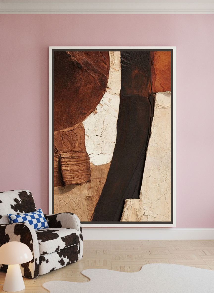 Oversized statement canvas wall art with a white surround leaning against the wall in a colourful eclectic dining room