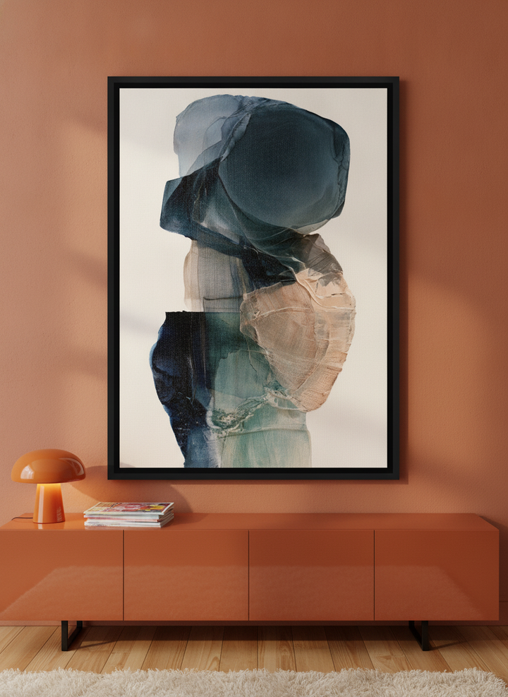 Canvas wall art with a black surround styled on the wall in a retro 70s living room