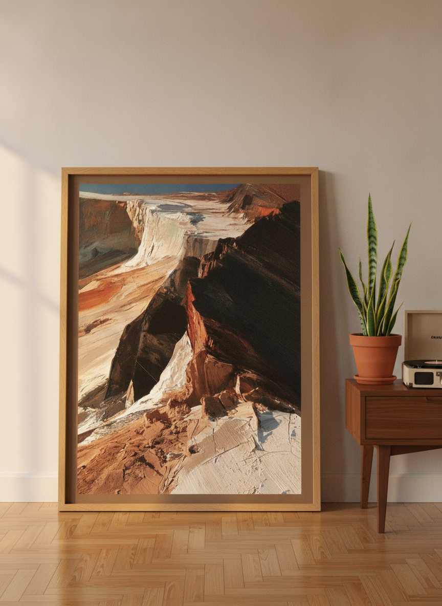 Modern wall art print leaning against the wall in a mid-century bedroom