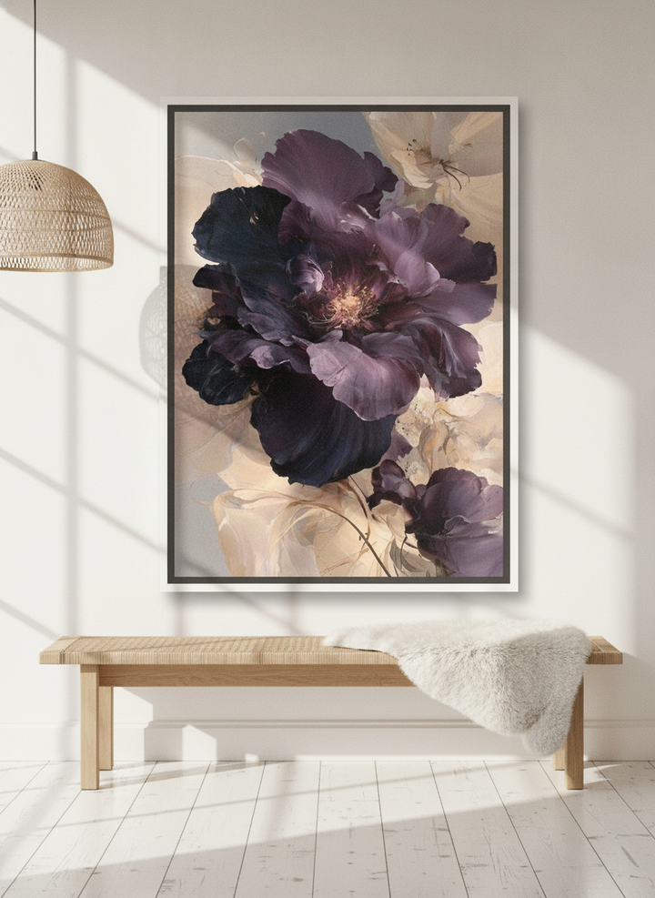 Canvas wall art with a white surround standing on a bench in a bright Scandinavian home office