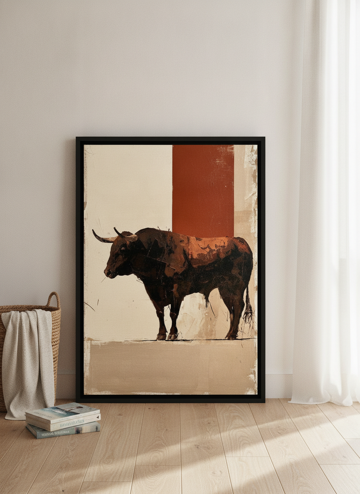 Canvas wall art with a black surround leaning against the wall in a coastal bedroom