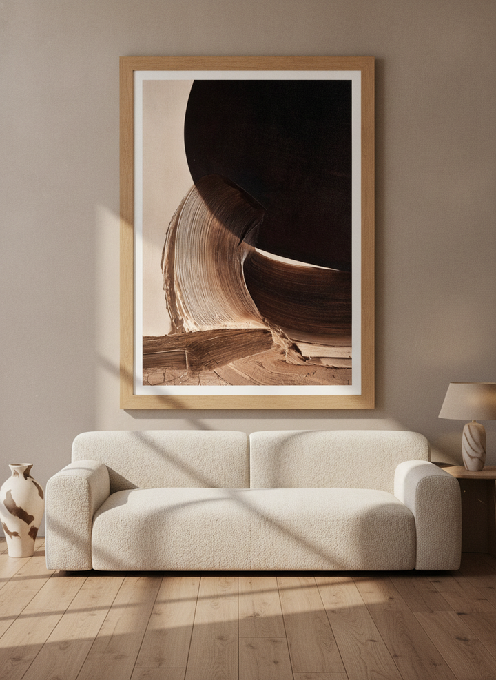 Modern wall art print styled on the wall in a luxe living room
