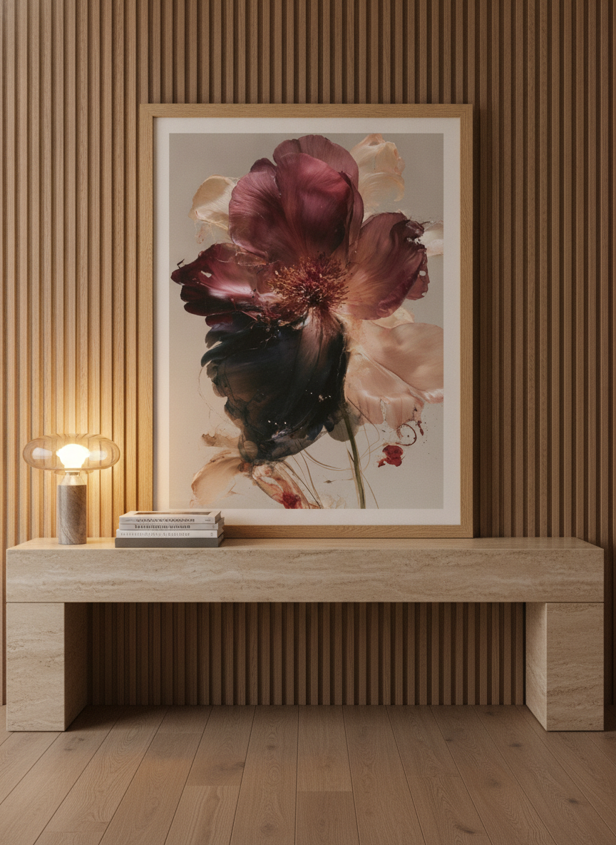 Modern wall art print standing on a console in a luxe bedroom