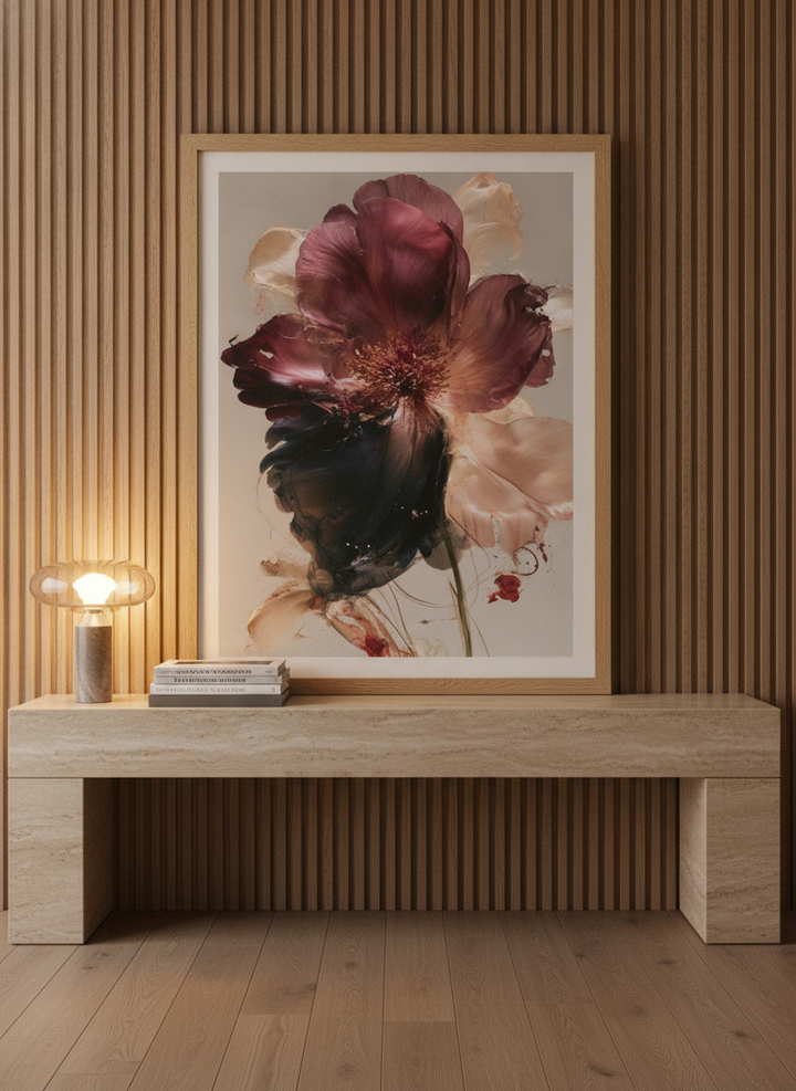 Modern wall art print standing on a console in a luxe bedroom