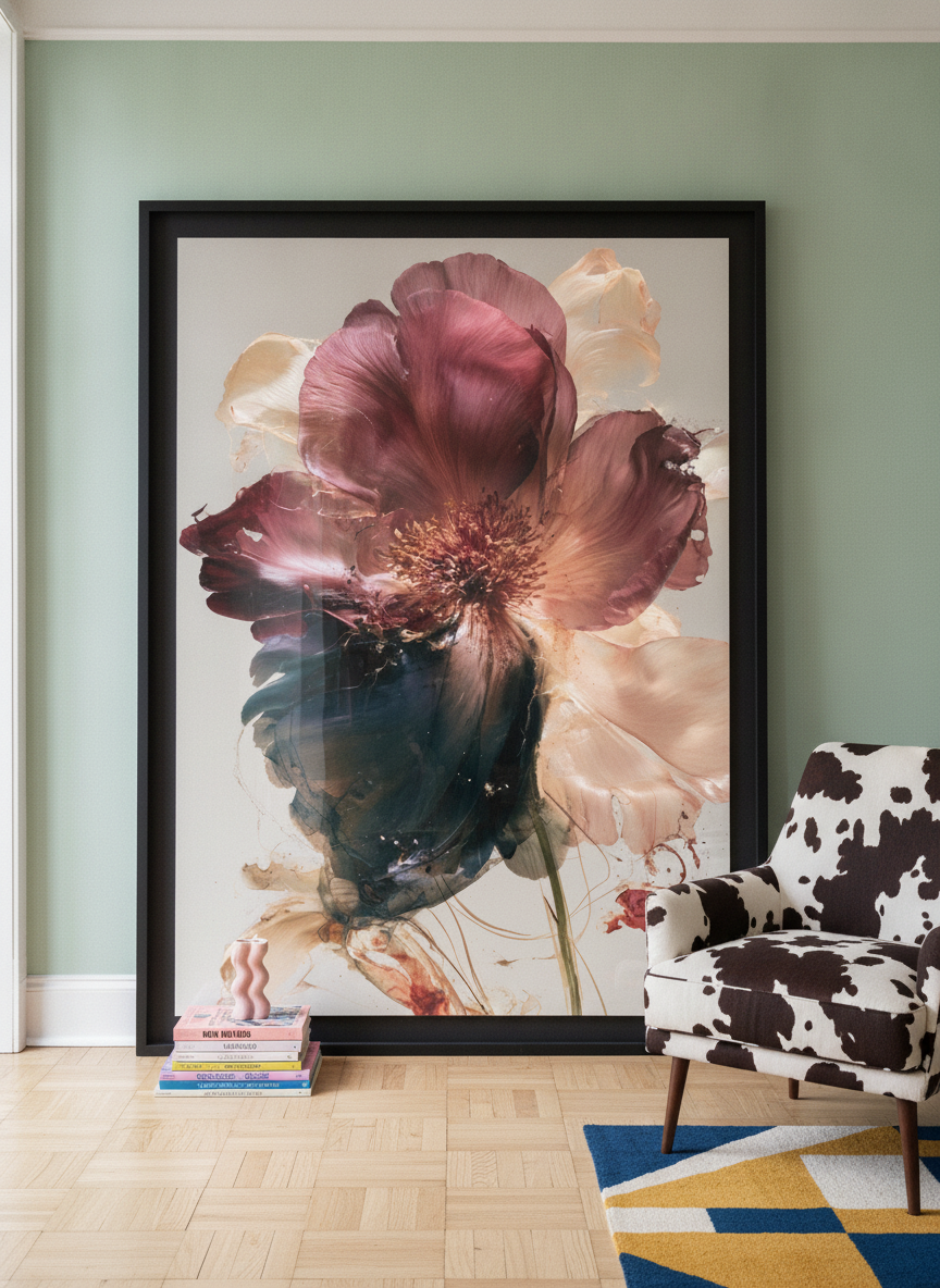 Oversized statement modern wall art print leaning against the wall in a colourful eclectic living room