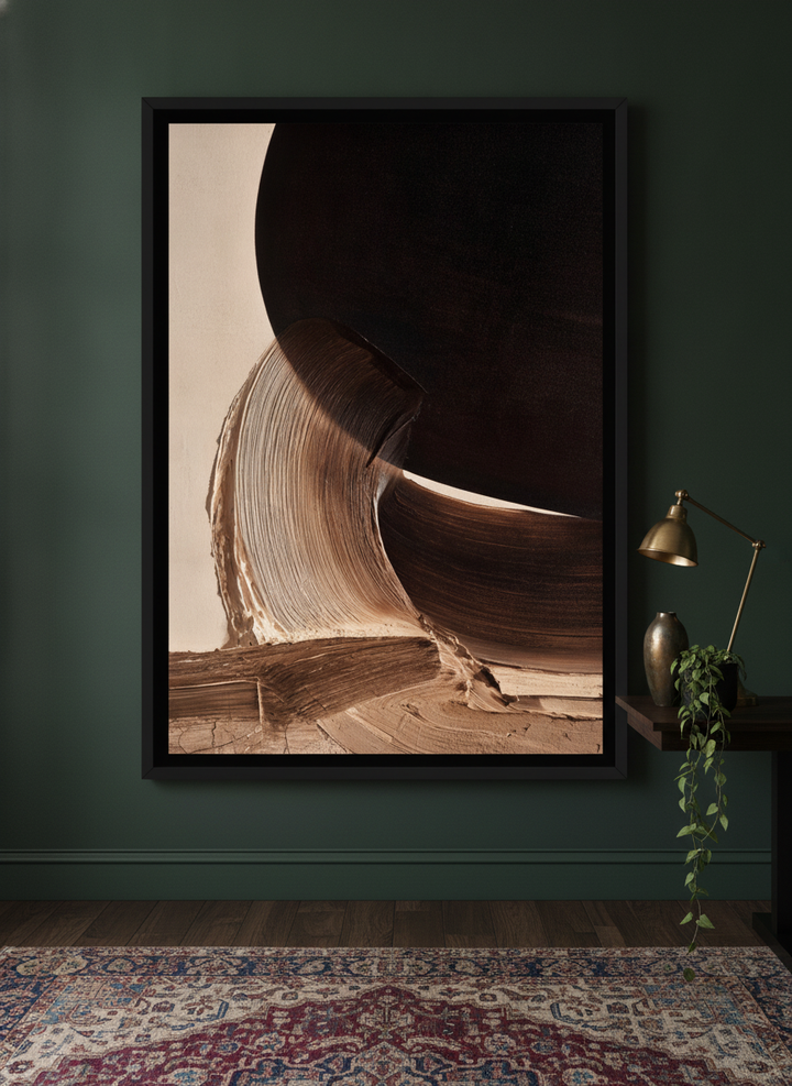 Oversized statement modern wall art print styled on the wall in a moody home office