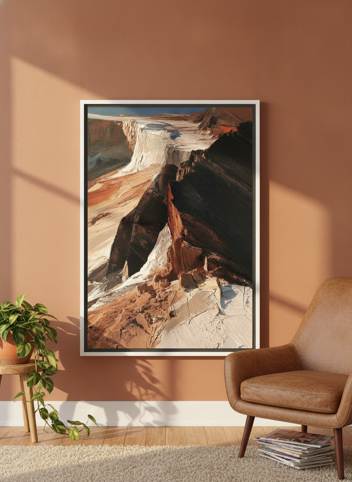 Canvas wall art with a white surround leaning against the wall in a retro 70s home office