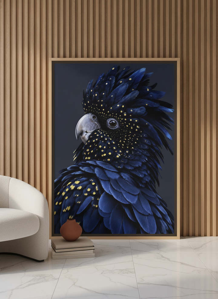 Oversized statement canvas wall art with a natural timber surround leaning against the wall in a luxe bedroom