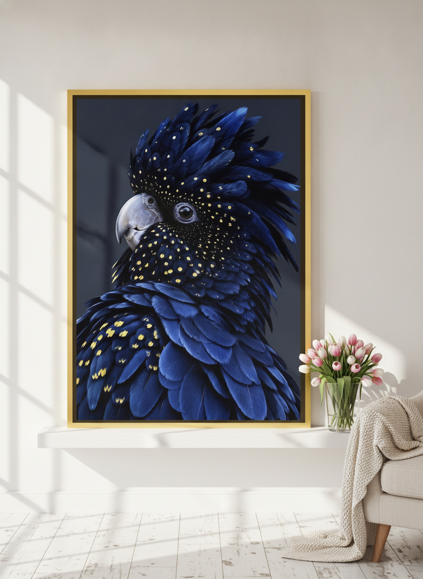 Canvas wall art with a gold leaf surround standing on a shelf in a bright Scandinavian bedroom