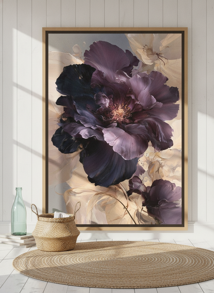 Oversized statement canvas wall art with a natural timber surround leaning against the wall in a coastal dining room