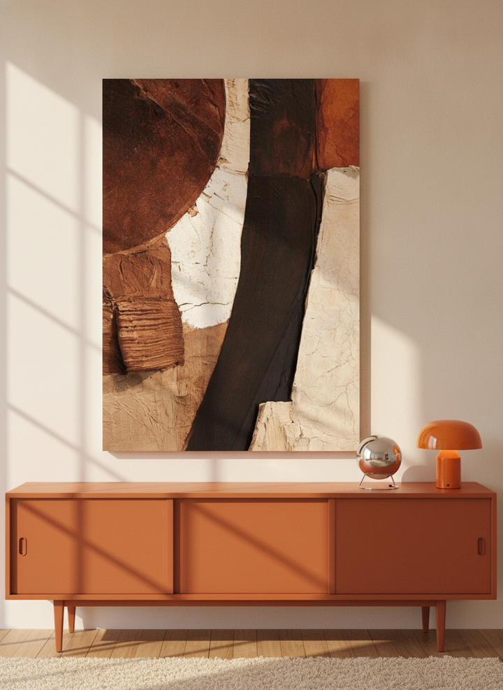 Stretched canvas wall art standing on a sideboard in a retro 70s home office