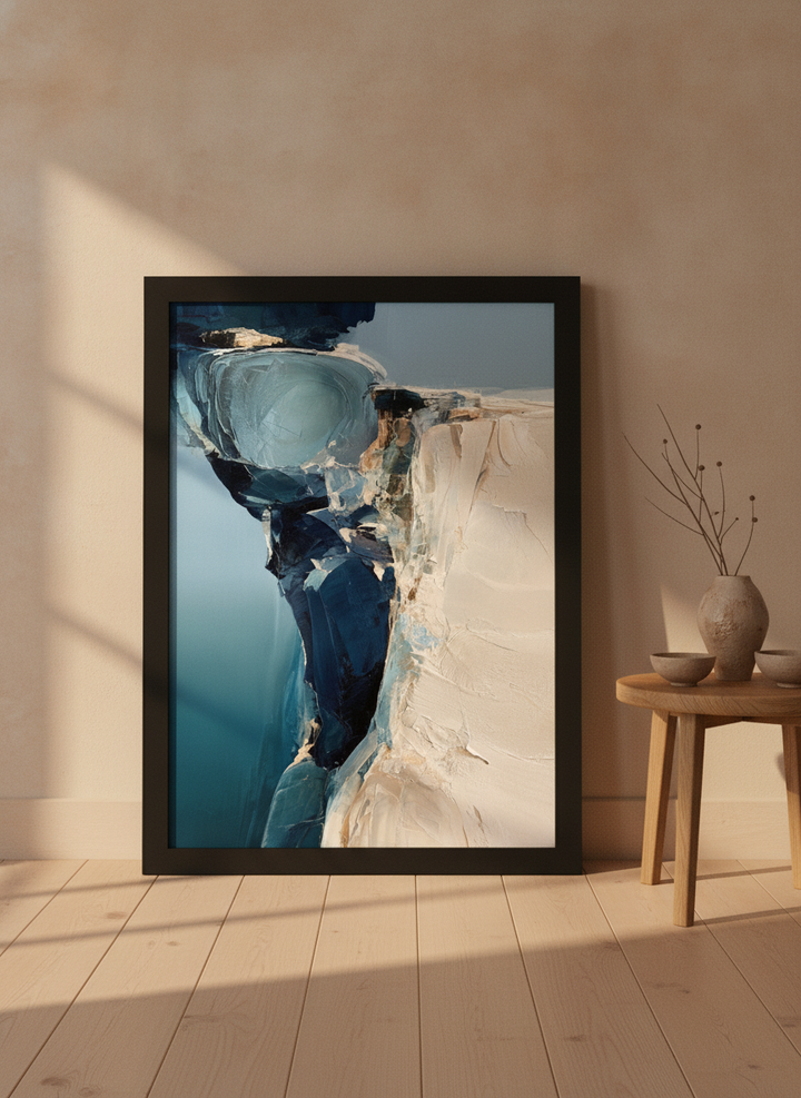 Modern wall art print leaning against the wall in a warm Japandi living room