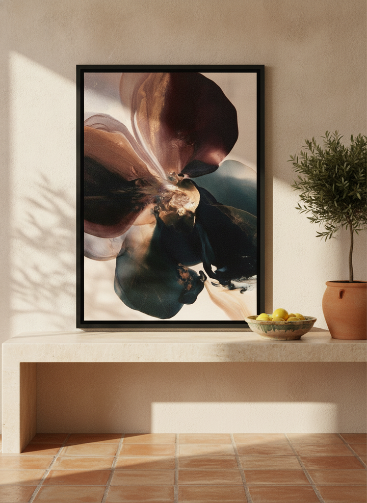 Canvas wall art with a black surround standing on a console in a Mediterranean living room