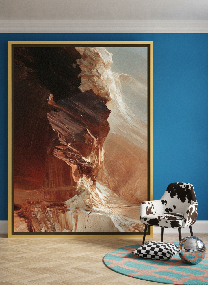 Oversized statement canvas wall art with a gold leaf surround leaning against the wall in a colourful eclectic living room