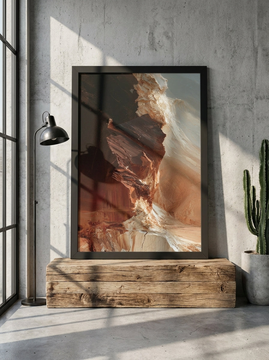 Modern wall art print standing on a bench in an industrial loft home office
