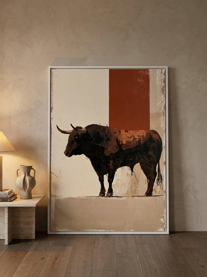 Oversized statement canvas wall art with a white surround leaning against the wall in a luxe living room