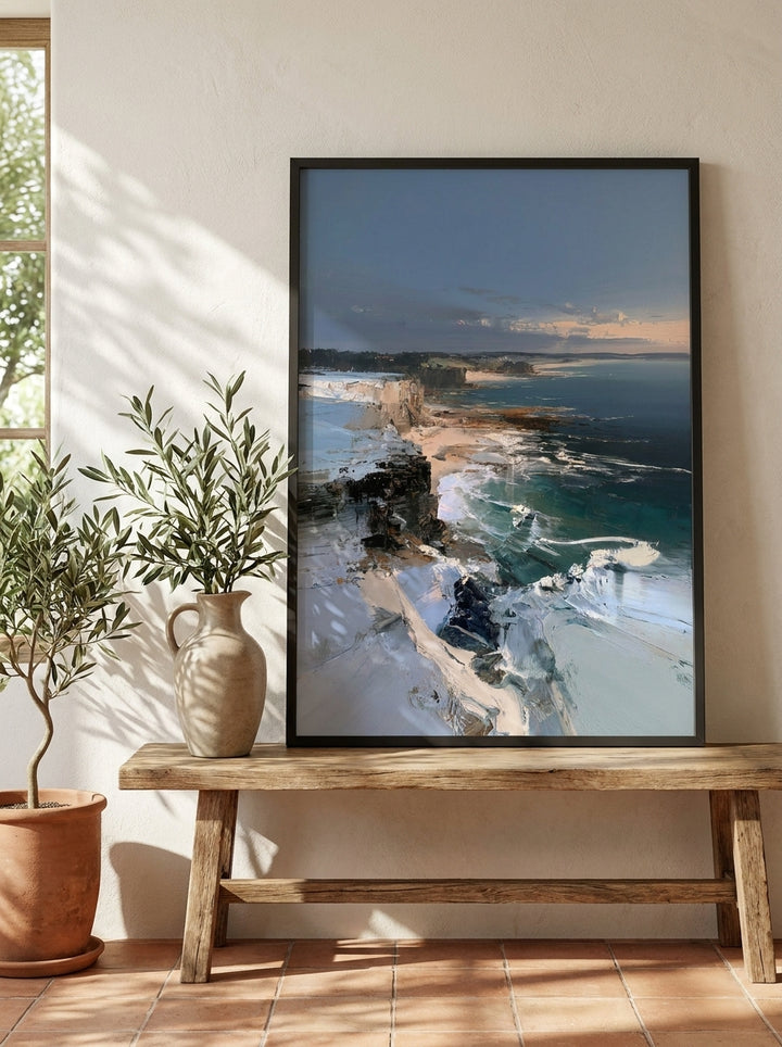 Modern wall art print standing on a bench in a Mediterranean bedroom