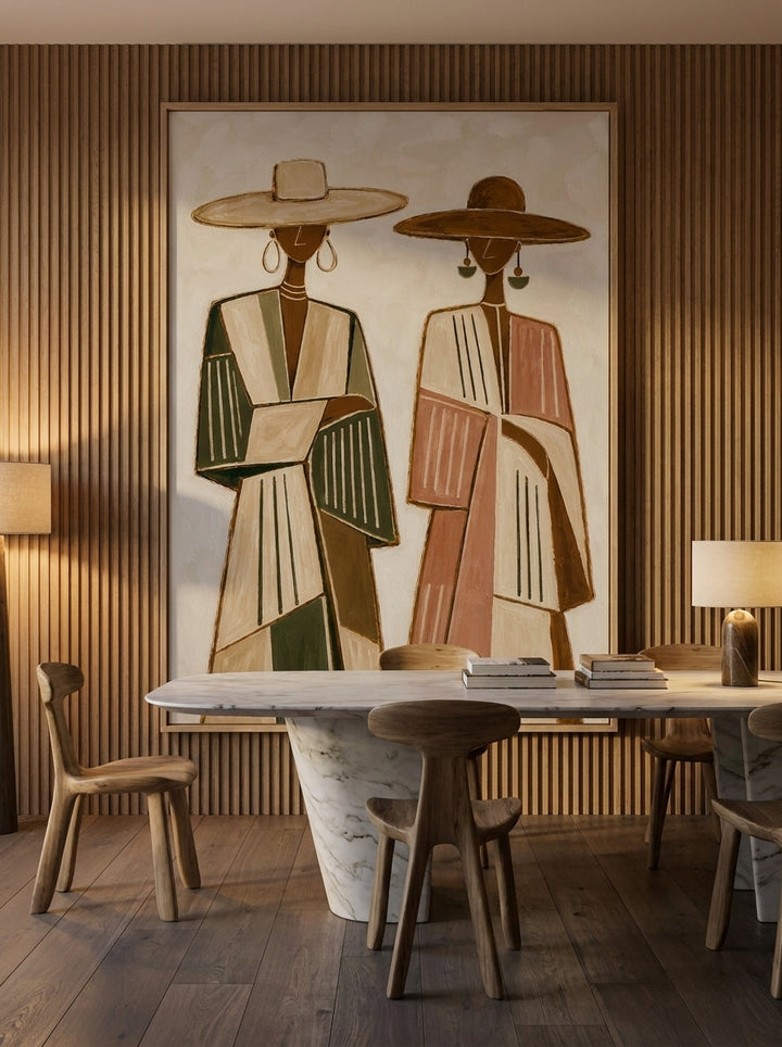Oversized statement modern wall art print styled on the wall in a luxe dining room