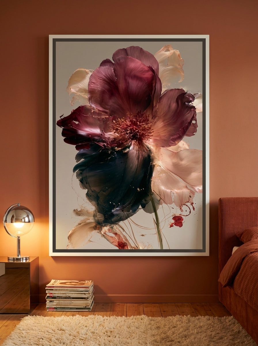 Canvas wall art with a white surround styled on the wall in a retro 70s bedroom