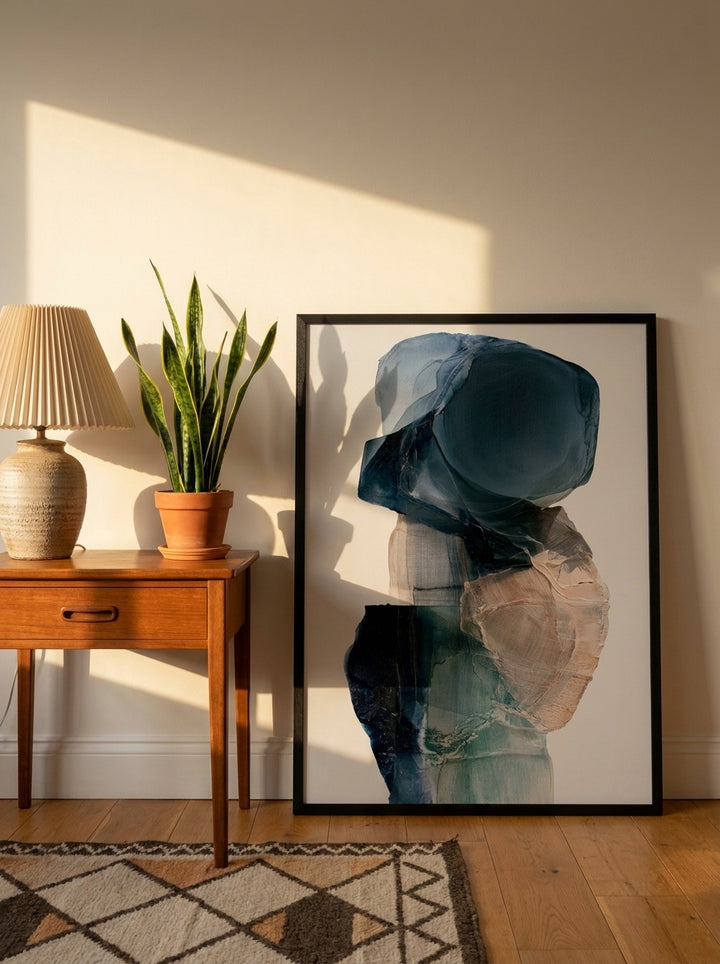 Modern wall art print leaning against the wall in a mid-century living room