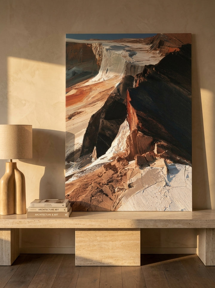 Stretched canvas wall art standing on a console in a luxe bedroom