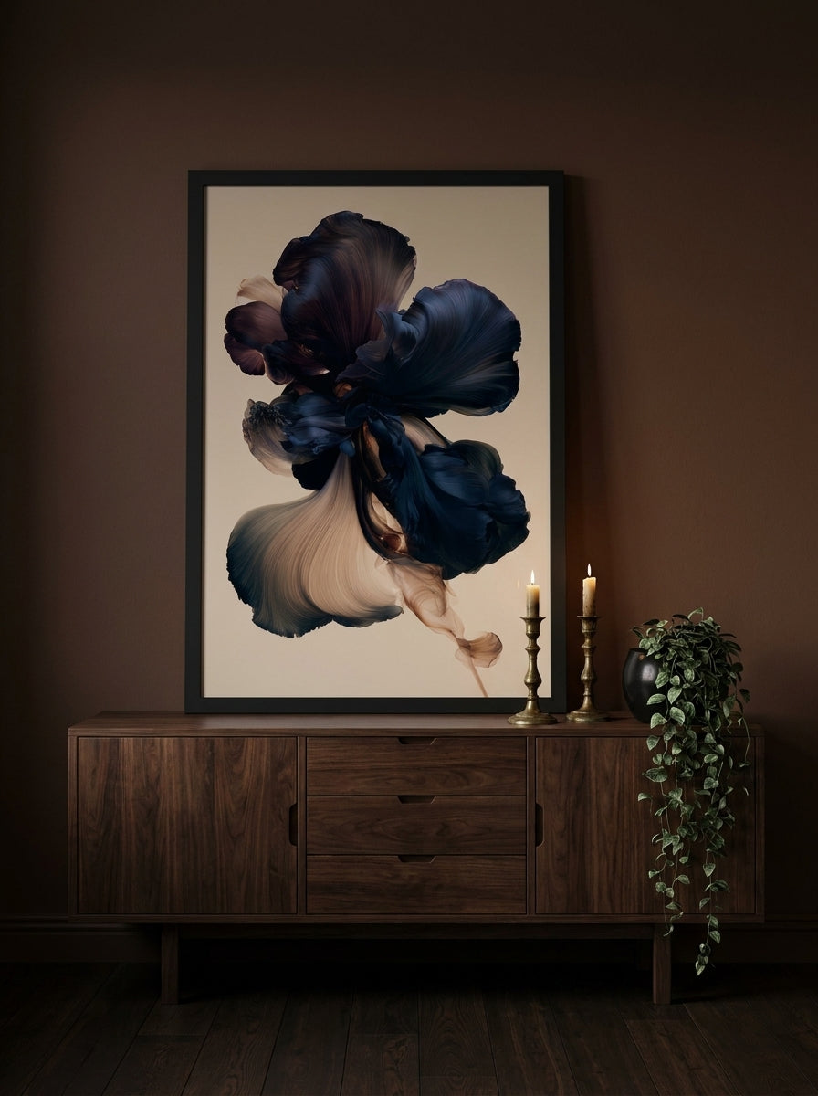 Modern wall art print standing on a sideboard in a moody bedroom