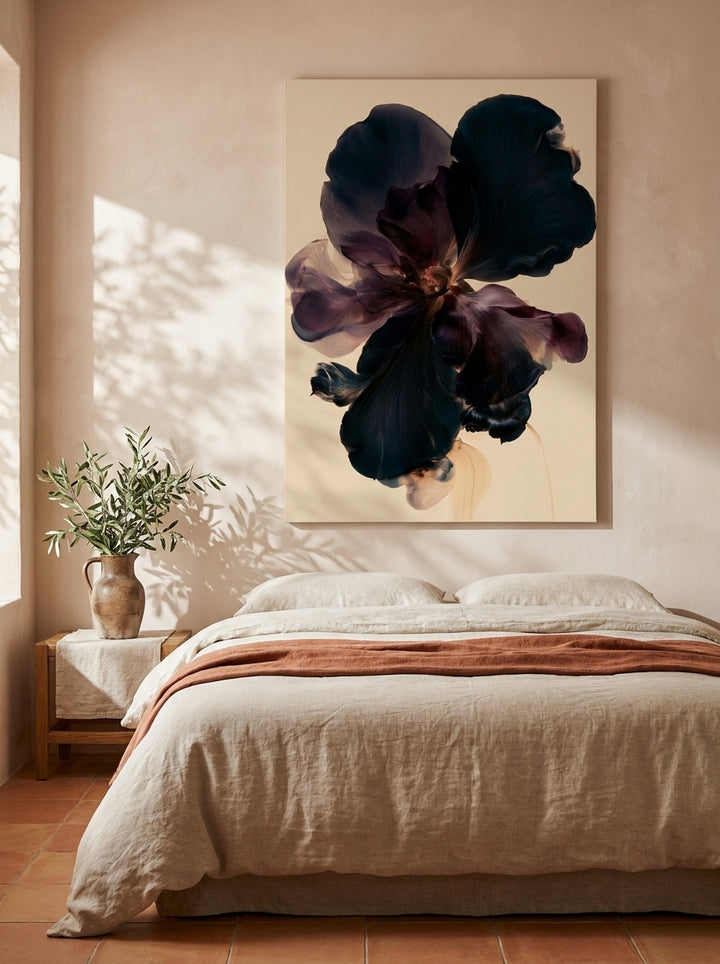 Stretched canvas wall art styled on the wall in a Mediterranean bedroom