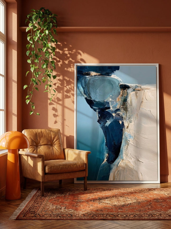 Canvas wall art with a white surround leaning against the wall in a retro 70s bedroom