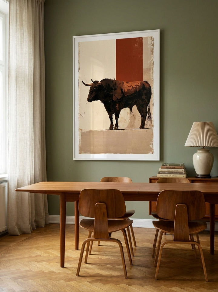 Oversized statement modern wall art print styled on the wall in a mid-century dining room