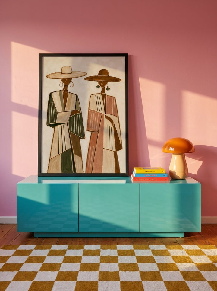 Modern wall art print standing on a sideboard in a colourful eclectic living room
