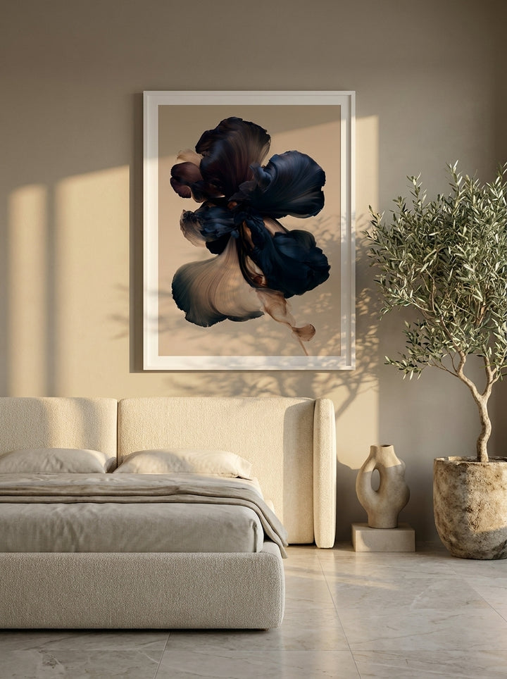 Oversized statement modern wall art print styled on the wall in a luxe bedroom