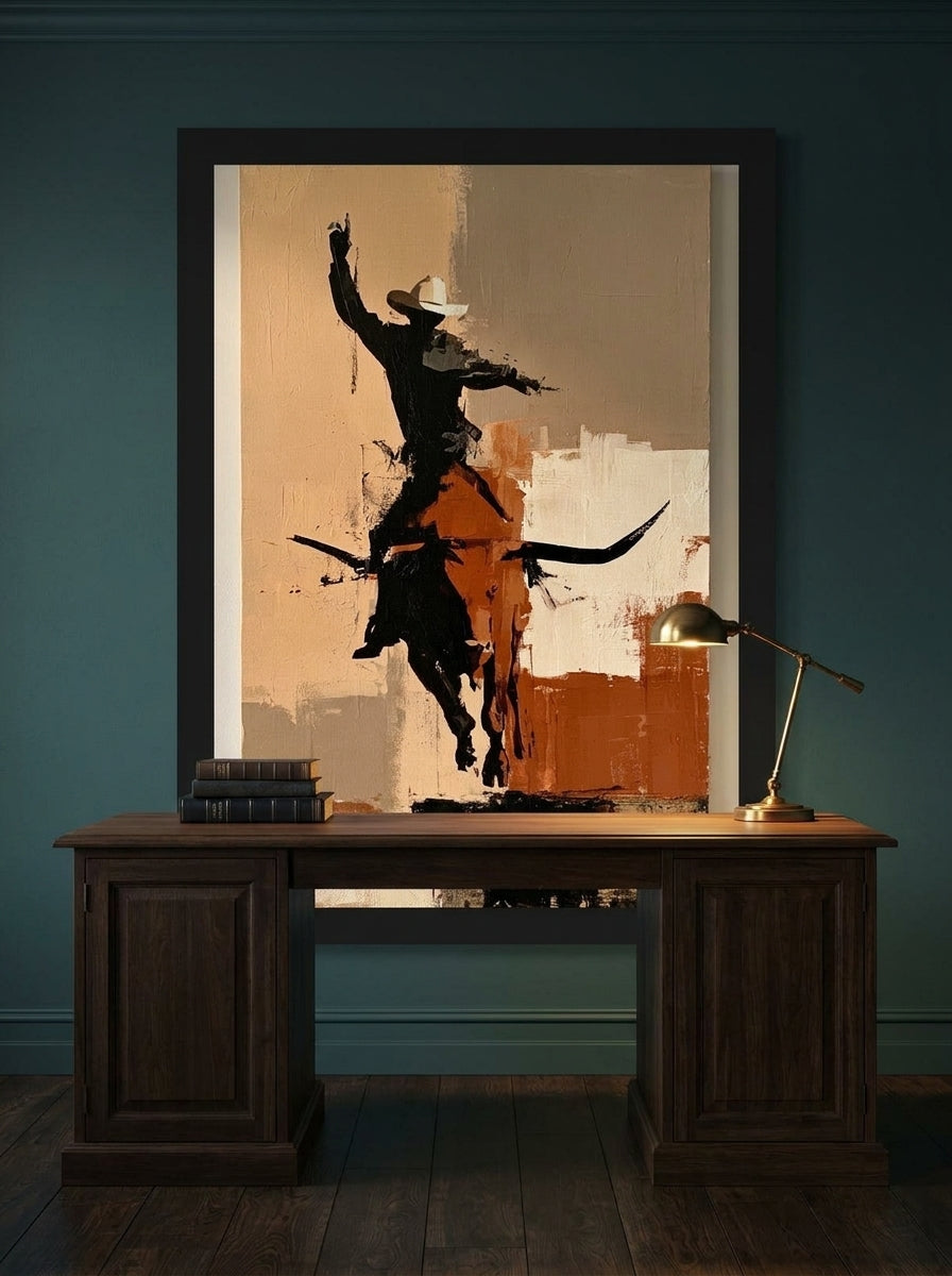 Modern wall art print styled on the wall in a moody home office