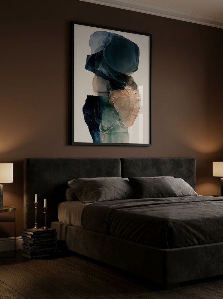 Oversized statement modern wall art print styled on the wall in a moody bedroom