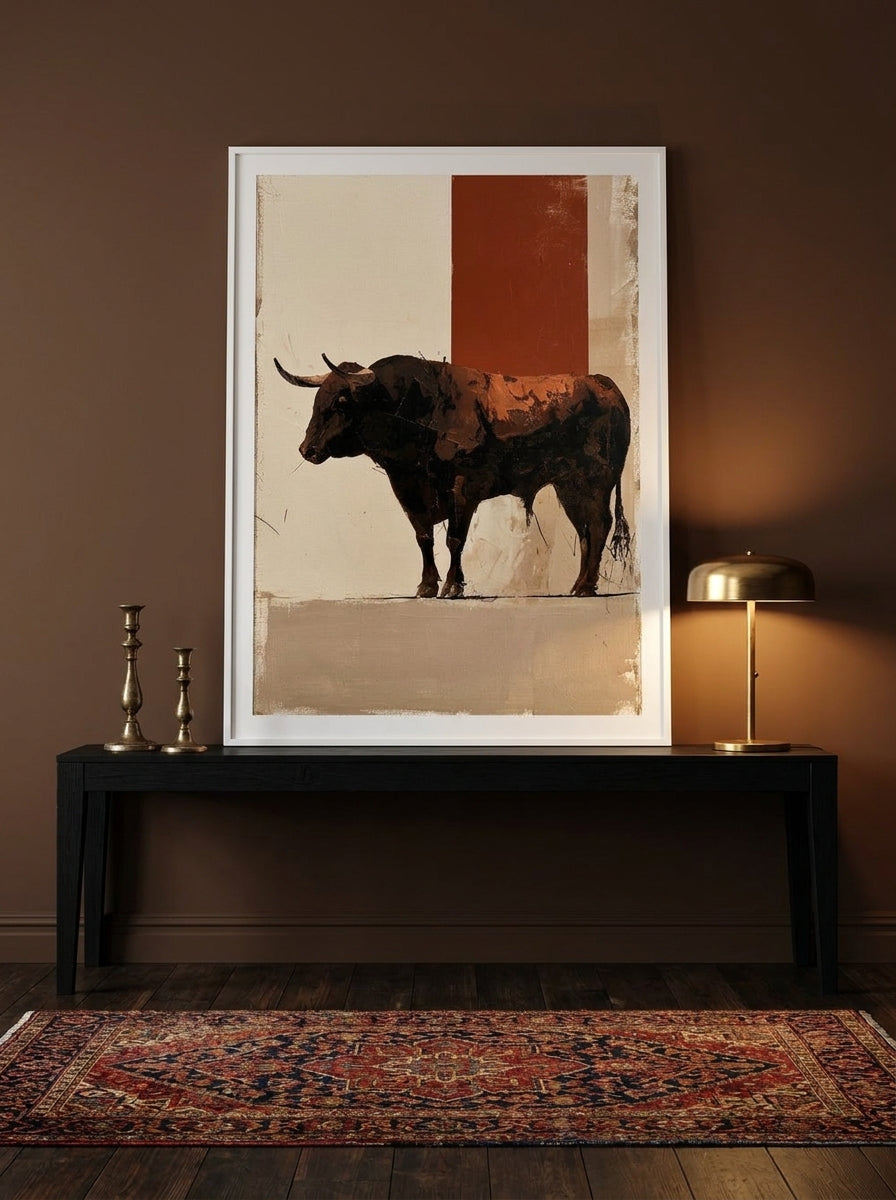 Modern wall art print standing on a console in a moody living room