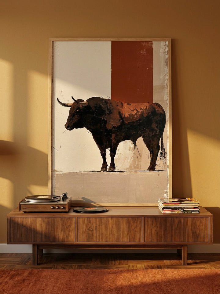 Modern wall art print standing on a sideboard in a retro 70s bedroom