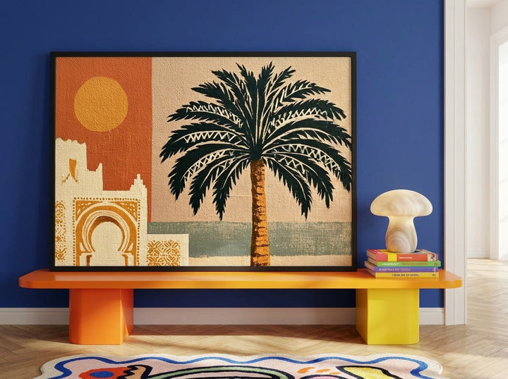 Modern wall art print standing on a side table in a colourful eclectic bedroom