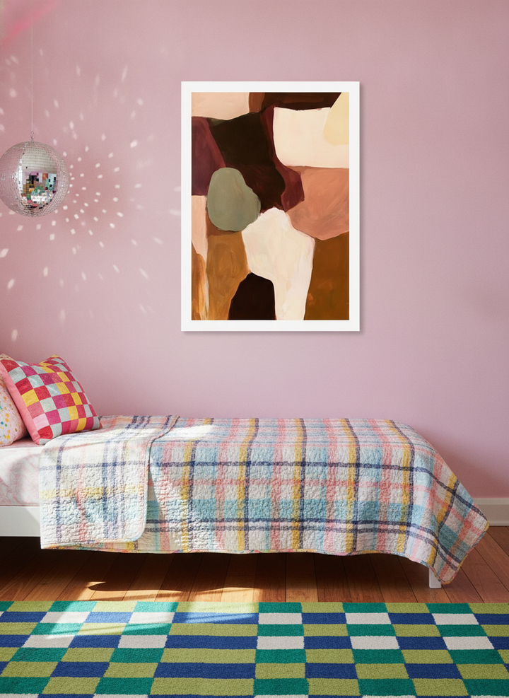 Modern wall art print styled on the wall in a colourful eclectic bedroom