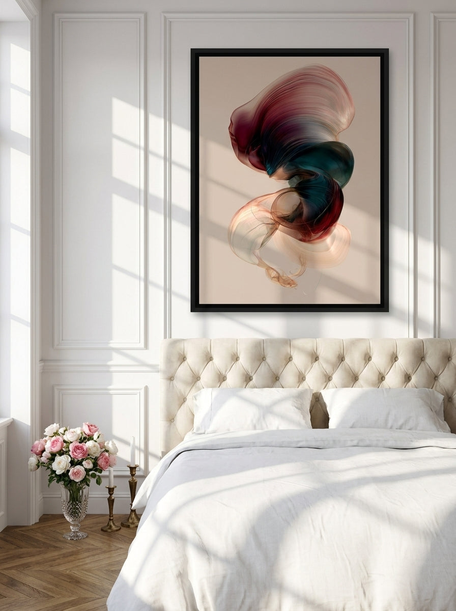 Canvas wall art with a black surround styled on the wall in a Parisian bedroom