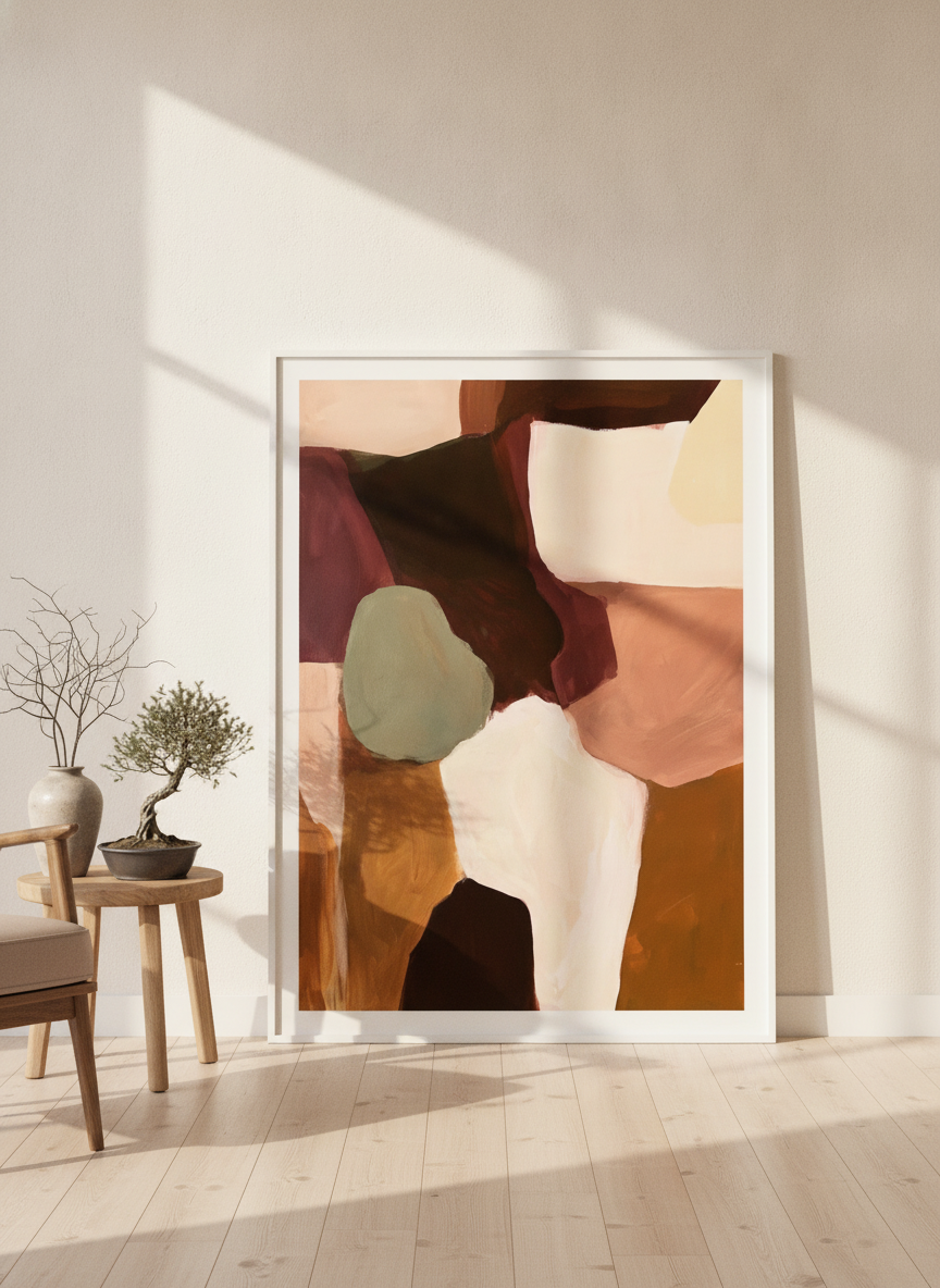 Oversized statement modern wall art print leaning against the wall in a warm Japandi living room