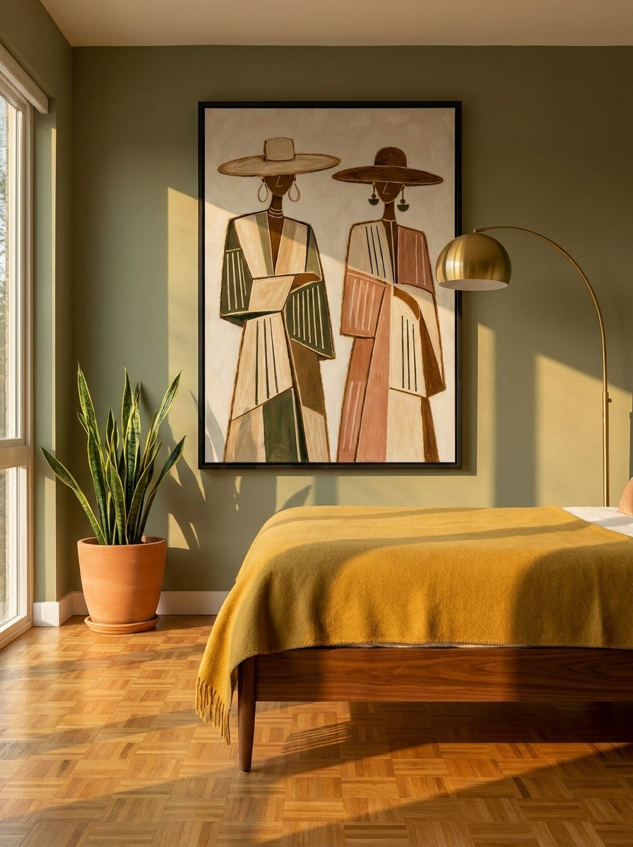 Oversized statement modern wall art print styled on the wall in a mid-century bedroom