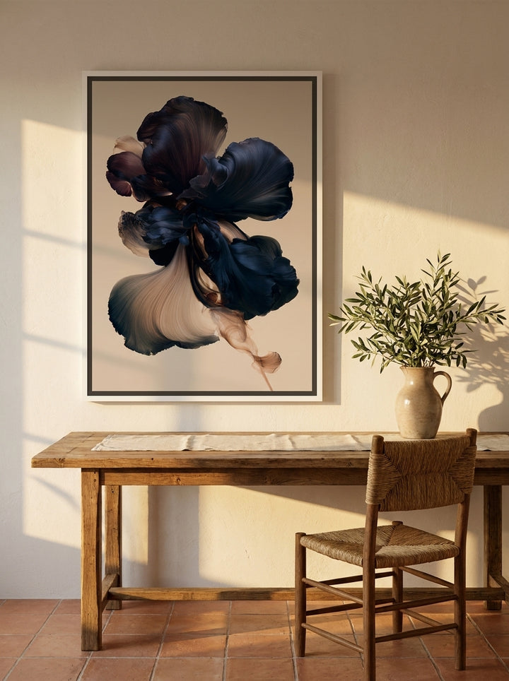 Canvas wall art with a white surround styled on the wall in a Mediterranean home office