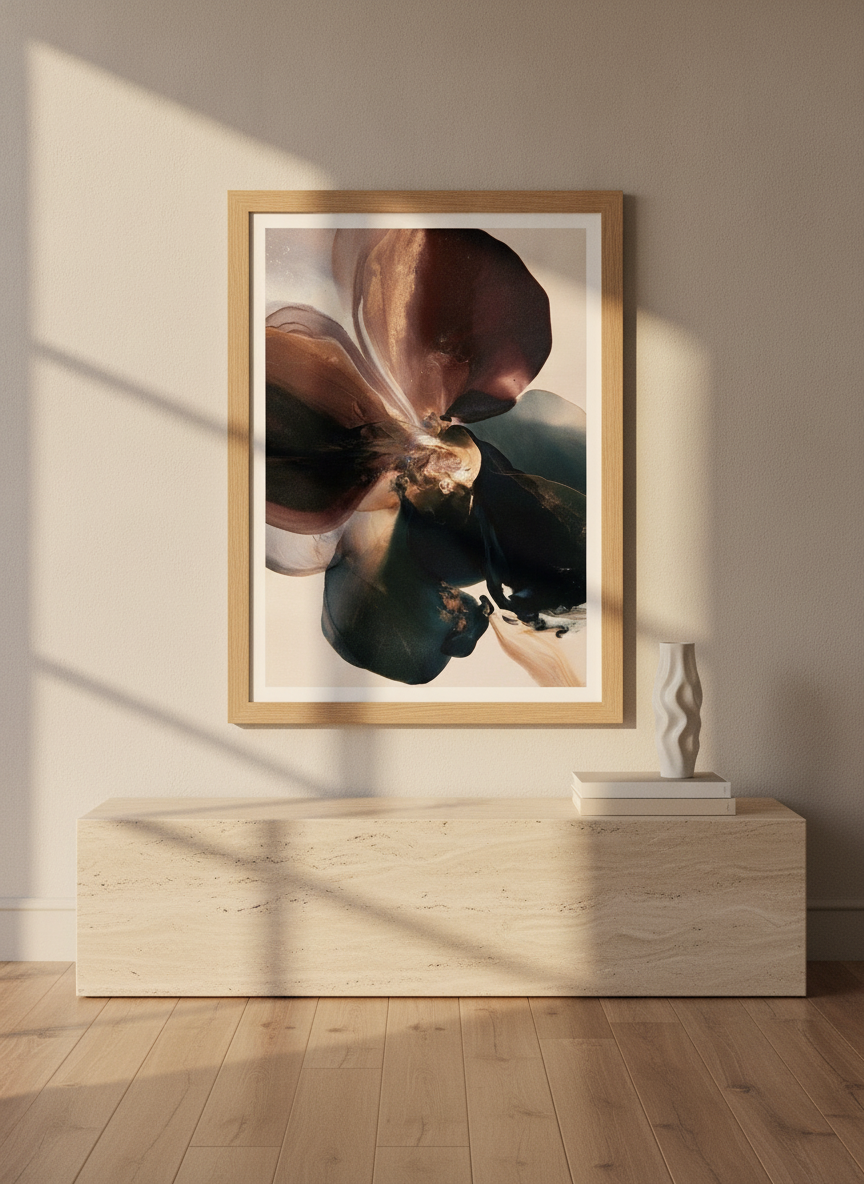 Modern wall art print styled on the wall in a luxe living room