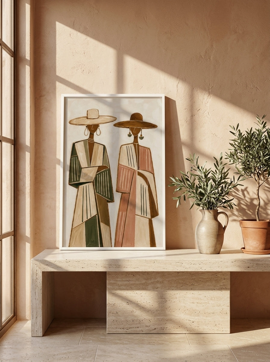 Modern wall art print standing on a console in a Mediterranean home office