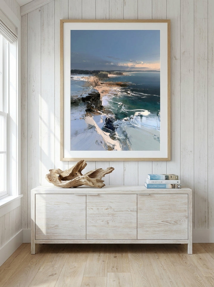 Modern wall art print styled on the wall in a coastal living room