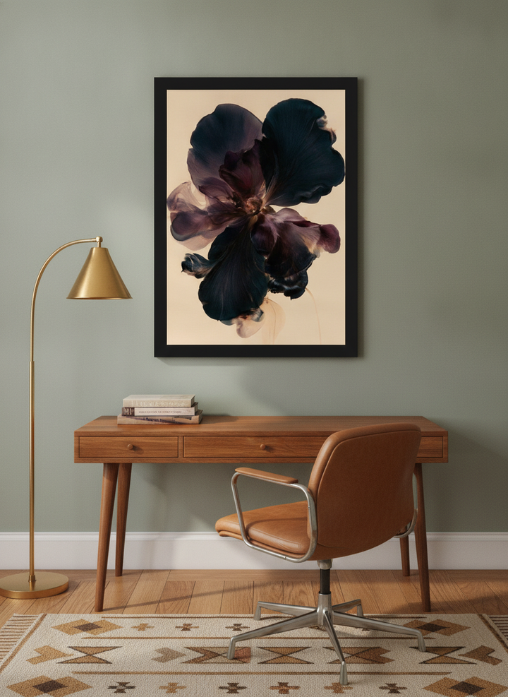 Modern wall art print styled on the wall in a mid-century home office