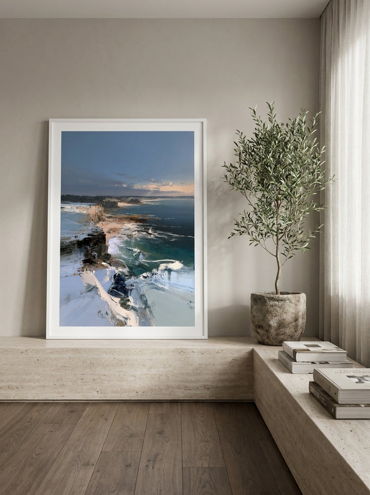Modern wall art print standing on a console in a luxe home office