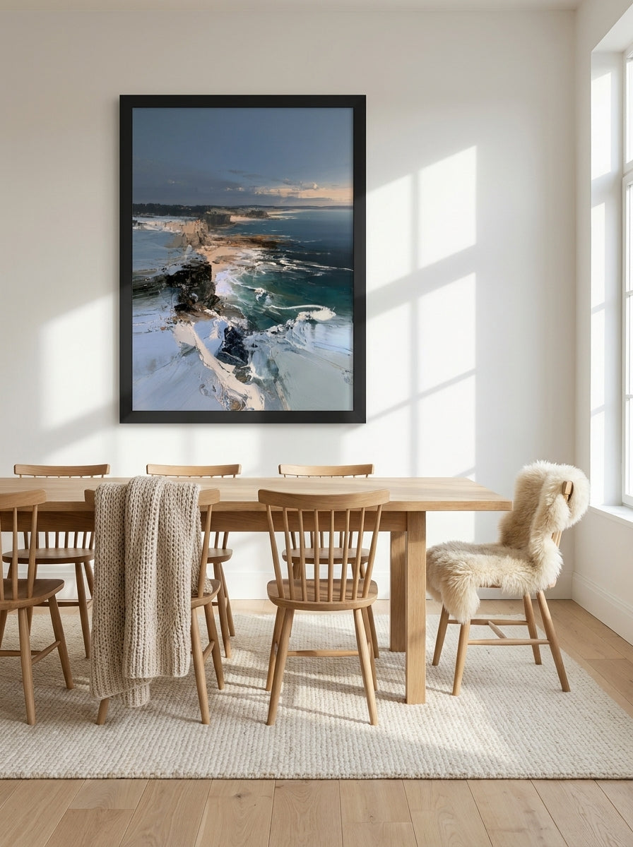Modern wall art print styled on the wall in a bright Scandinavian dining room