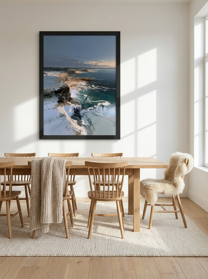 Modern wall art print styled on the wall in a bright Scandinavian dining room