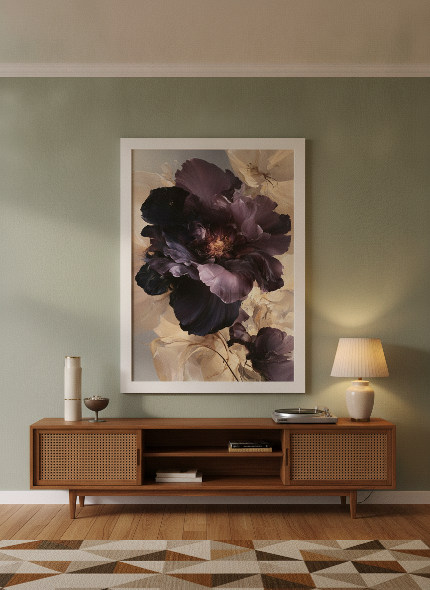 Oversized statement modern wall art print styled on the wall in a mid-century living room